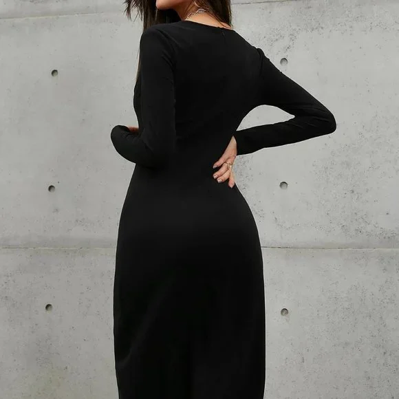 Black Elegant Womens Button Detail Wrap Dress - Picture 4 of 4